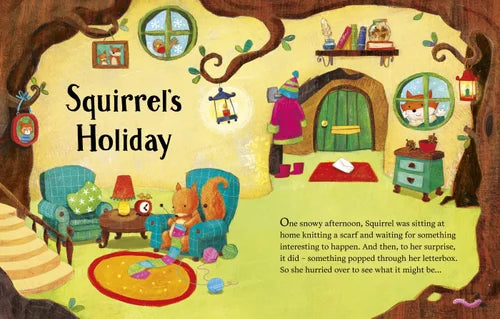 Illustration of a squirrel's cozy home with text titled 'Squirrel's Holiday'.