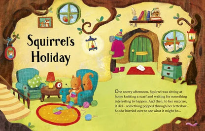 Illustration of a squirrel's cozy home with text titled 'Squirrel's Holiday'.