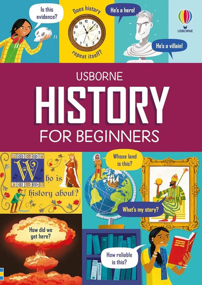 Book cover of 'History for Beginners' by Usborne with colorful illustrations and text.