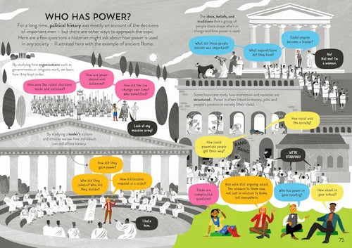 Educational illustration of power dynamics in ancient Rome with text bubbles and labeled figures.
