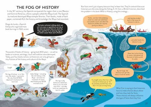 Educational illustration about the 'Fog of History' with text and graphics on a blue background.