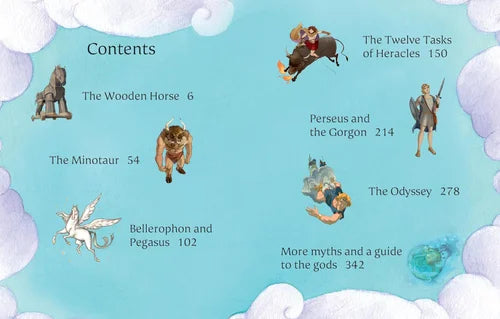 Table of contents for a book on myths and gods with illustrations and text.