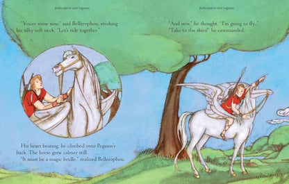 Illustration from a children's book featuring Bellerophon and Pegasus with text.