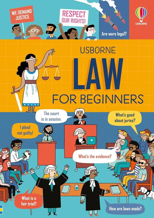 Book cover of 'Law for Beginners' by Usborne with illustrations and text about legal concepts.
