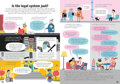 Illustrated comic strip about the legal system with various characters and text bubbles.