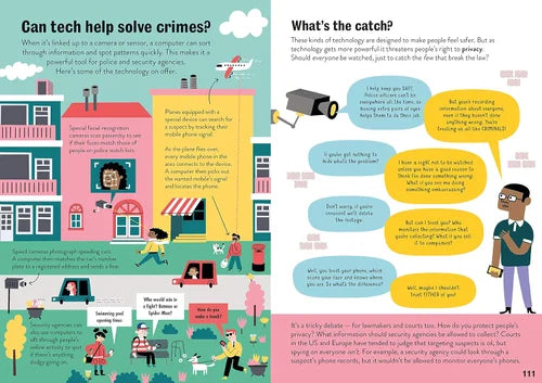 Illustrated page from a book discussing technology's role in solving crimes and its ethical implications.