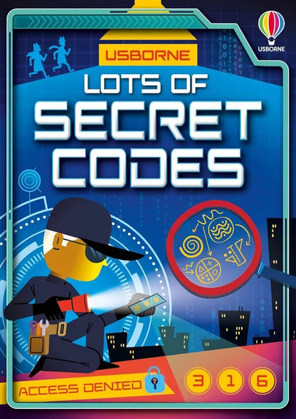 Book cover of 'Lots of Secret Codes' by Usborne with a character holding a device and cityscape background.