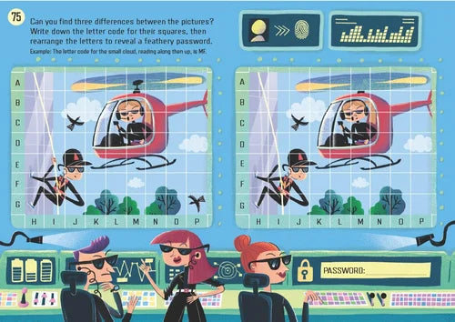 Educational puzzle with characters and a helicopter on a blue background