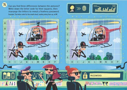 Educational puzzle with characters and a helicopter on a blue background