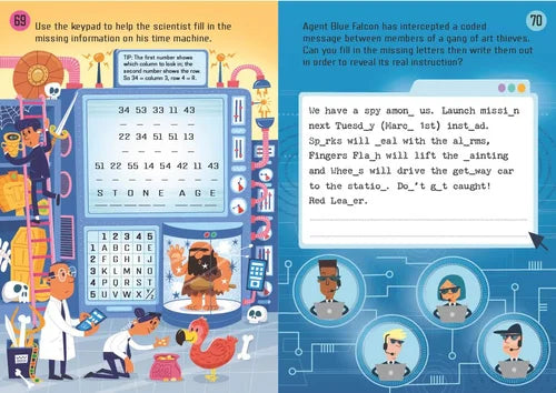 Illustrated page from a children's book with a time machine and spy-themed activities.