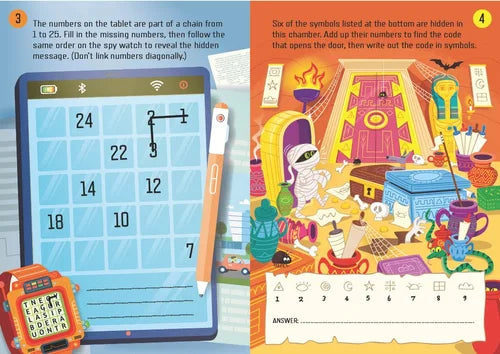 Educational book page with a tablet and puzzle on one side and a colorful illustration on the other.