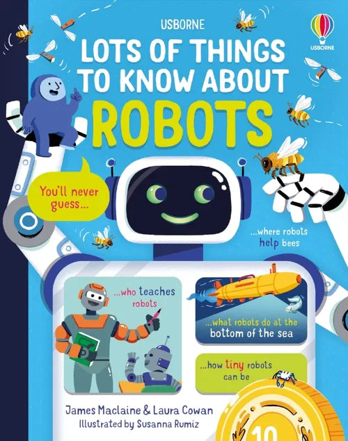Book cover of 'Lots of Things to Know About Robots' with robot illustrations and colorful design.