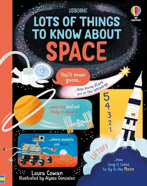 Book cover of 'Lots of Things to Know About Space' with space-themed illustrations and text.