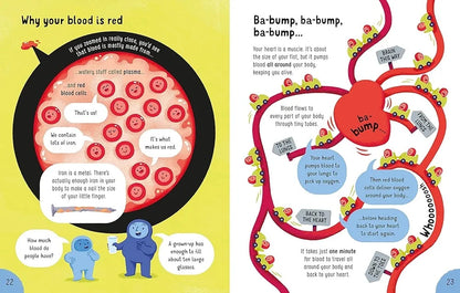 Illustrated book pages explaining blood cells and circulation with colorful graphics.