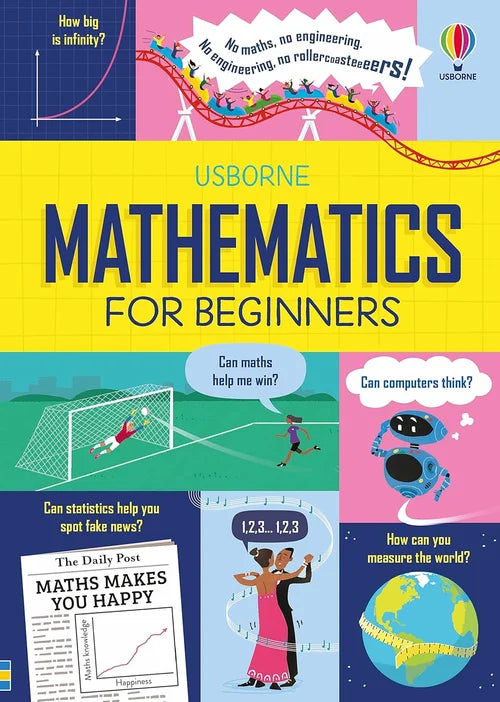 Book cover of 'Mathematics for Beginners' by Usborne with colorful illustrations and text.