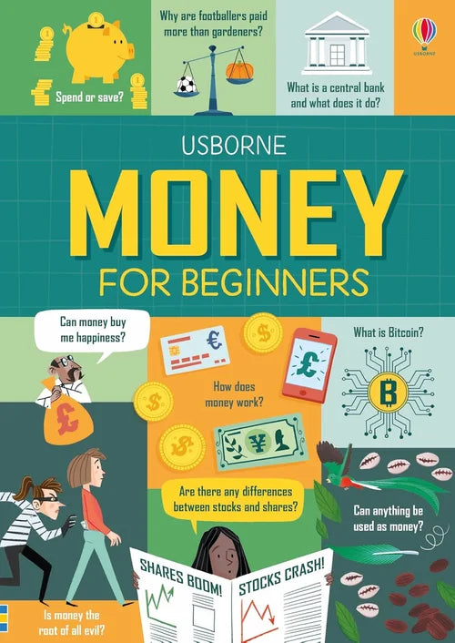 Book cover of 'Money for Beginners' by Usborne with colorful illustrations and text.