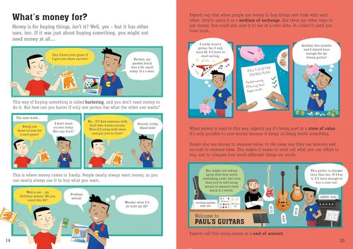 Educational book page about money and its uses with colorful illustrations and text.