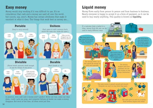 Educational illustration about money types with characters and text on a blue and yellow background.