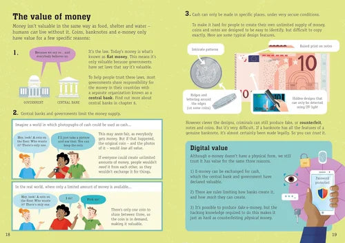 Educational page about the value of money with illustrations and text.