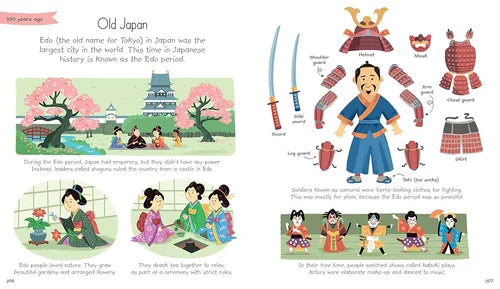 Illustrated book page about Old Japan with traditional Japanese clothing, weapons, and activities.