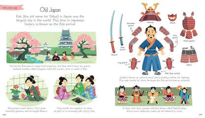 Illustrated book page about Old Japan with traditional Japanese clothing, weapons, and activities.