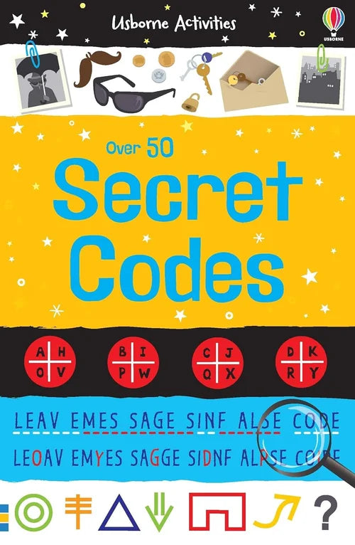 Book cover of 'Over 50 Secret Codes' with various secret code examples and a magnifying glass.
