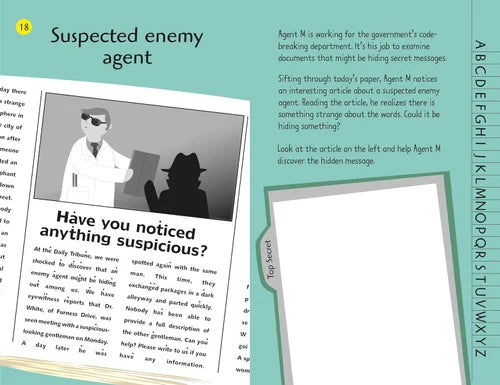 Book page with a mystery agent theme, text, and a silhouette of a person.