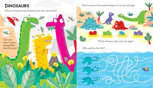 Children's book page with dinosaur illustrations and educational questions.