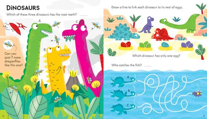 Children's book page with dinosaur illustrations and educational questions.