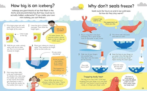 Educational page about icebergs and seals from a children's book.