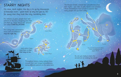 Illustration of star constellations with a ship and people on a hill, set against a night sky.