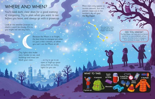 Star gazing guide with illustrations of children, trees, and a city skyline.