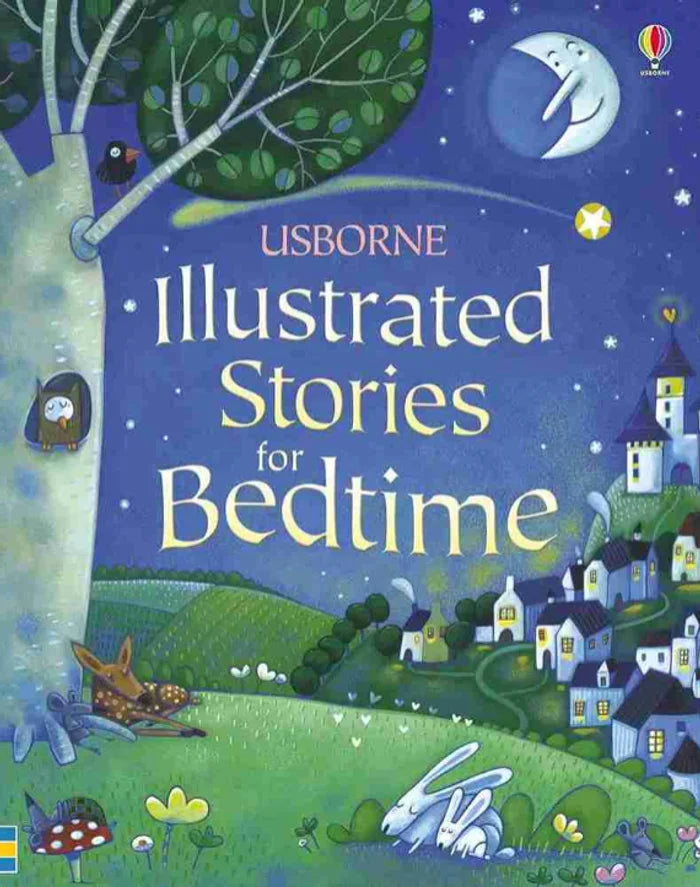 Book cover of 'Illustrated Stories for Bedtime' by Usborne with a nighttime scene, moon, and trees.