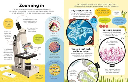 Educational illustration about using a microscope and observing tiny creatures in soil.