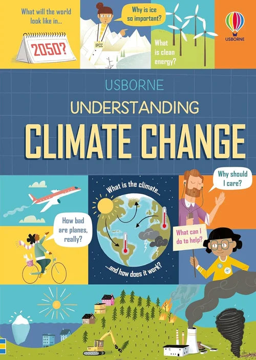 Book cover of 'Understanding Climate Change' by Usborne with colorful illustrations and text.