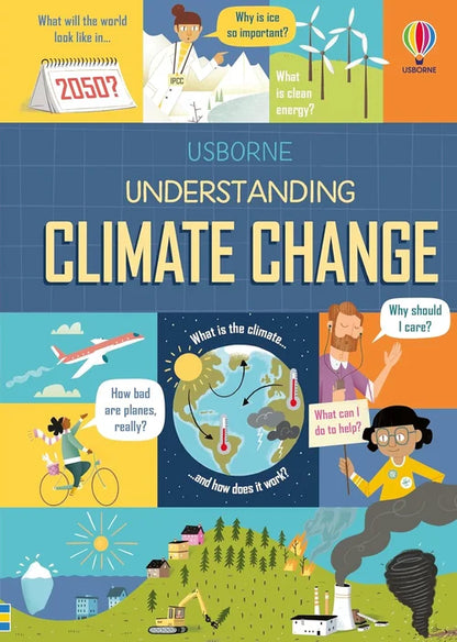 Book cover of 'Understanding Climate Change' by Usborne with colorful illustrations and text.