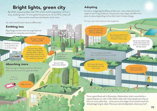 Illustration of a green city with text explaining climate change adaptations.