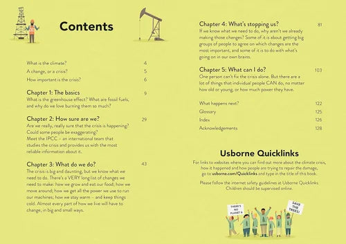 Table of contents page from a book on climate change with illustrations and text.
