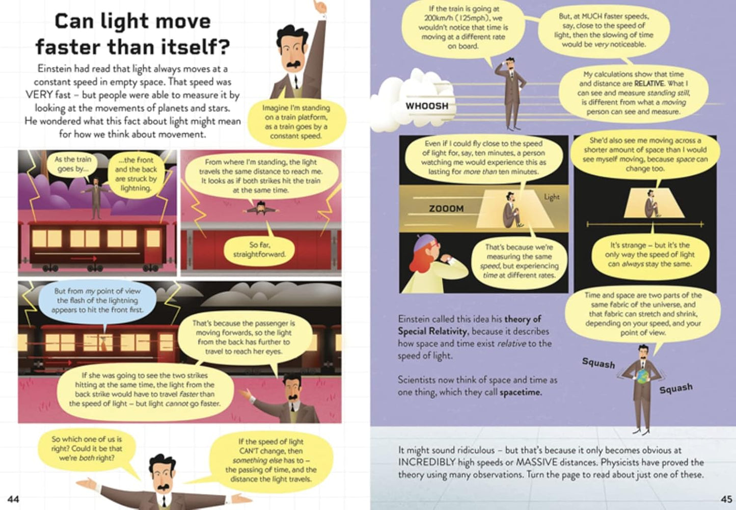 Illustrated page from a book explaining the concept of light speed and special relativity.