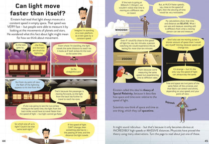 Illustrated page from a book explaining the concept of light speed and special relativity.