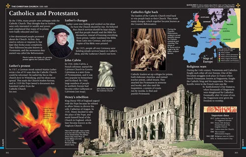 Educational infographic on Catholics and Protestants with text, images, and a map.