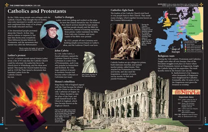 Educational infographic on Catholics and Protestants with text, images, and a map.