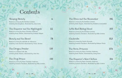 Table of contents with fairy tale titles and page numbers on a decorative blue background