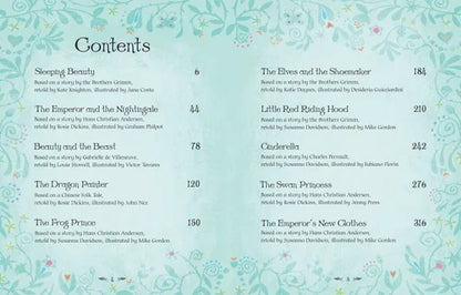 Table of contents with fairy tale titles and page numbers on a decorative blue background