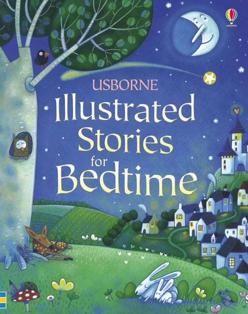 Book cover of 'Illustrated Stories for Bedtime' by Usborne with a nighttime scene, trees, and a moon.