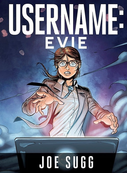 Book cover of 'Username: Evie' by Joe Sugg with a character in a lab coat and glasses interacting with a laptop.