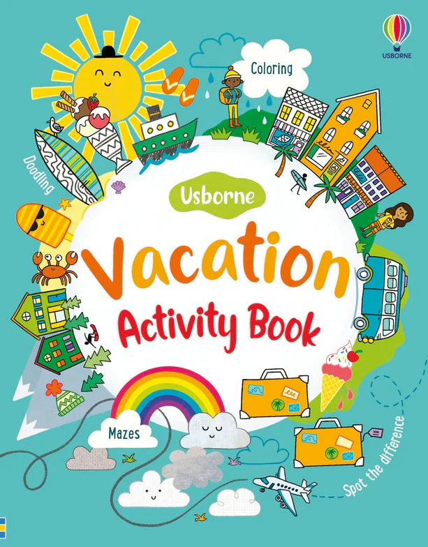Cover of Usborne Vacation Activity Book with colorful illustrations on a blue background