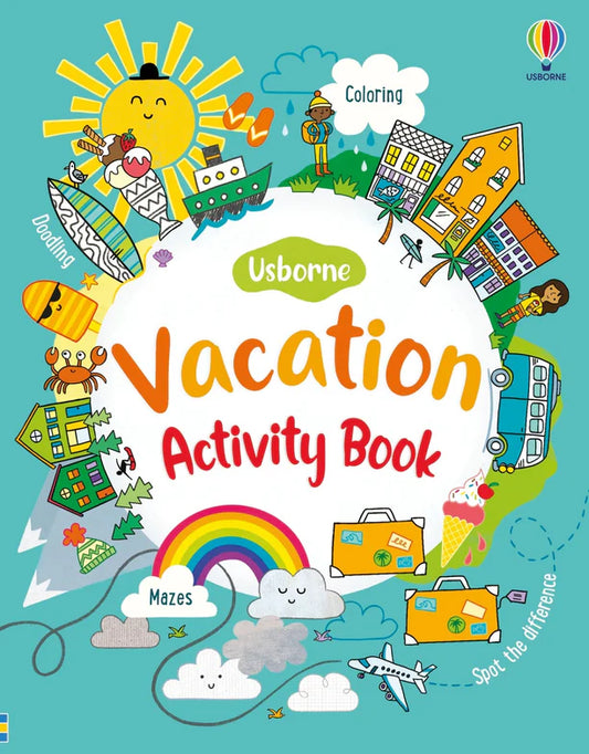Cover of Usborne Vacation Activity Book with colorful illustrations on a blue background