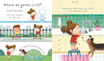 Children's book illustration about germs with a girl washing hands and a dog on a rug.