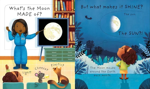 Children's book page with a teacher and students discussing the moon, and a child looking at the moon.